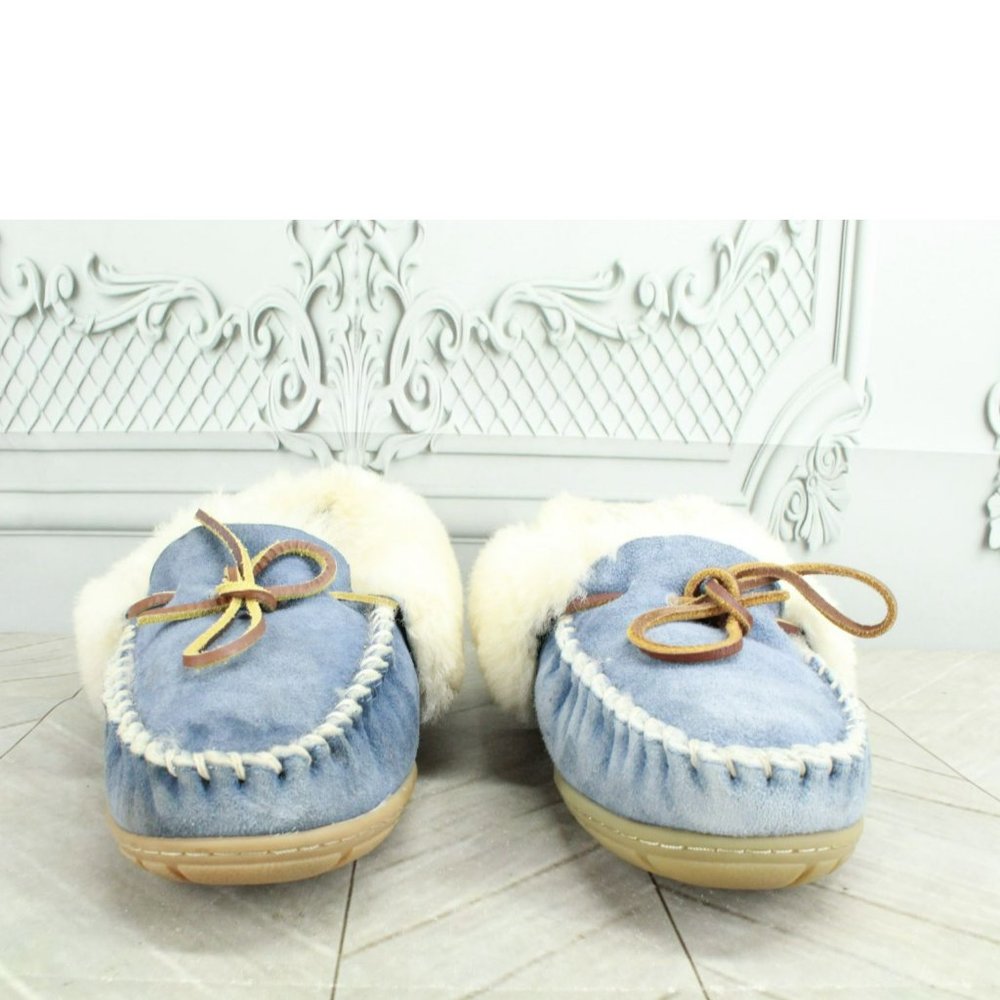 LL Bean Blue Suede Wicked Good Shearling Lined Moccasin Slippers Size 8 M - Picture 4 of 9